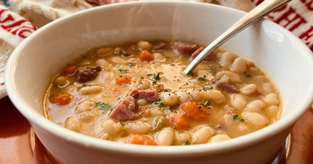A bowl of creamy navy bean and ham soup, featuring a rich, velvety broth filled with tender navy beans, diced carrots, and savory pieces of ham.