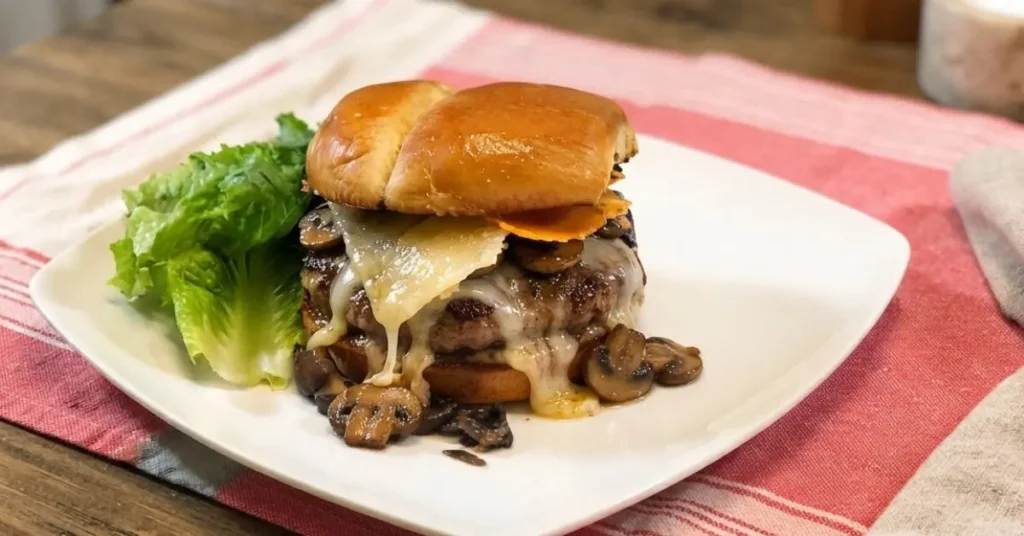 garlic parmesan turkey burger with lots of cheese and mushrooms beside a bed of lettuce on a white plate