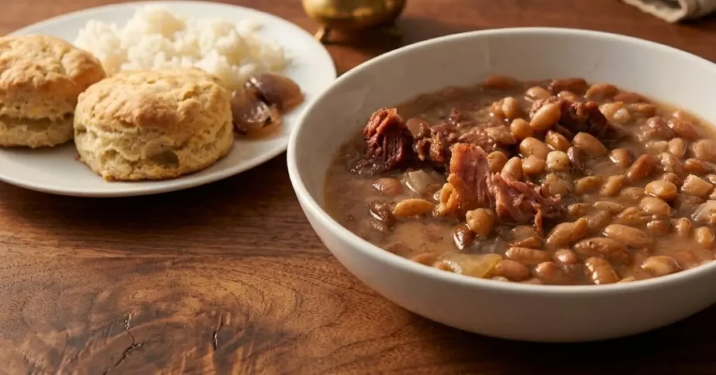 A close-up view of a deep white bowl filled with tender, slow-cooked Southern-style pinto beans in a savory, rich ham-infused broth. The beans are garnished with visible pieces of smoked ham and soft onions, served alongside fluffy white rice and a warm, buttery biscuit.