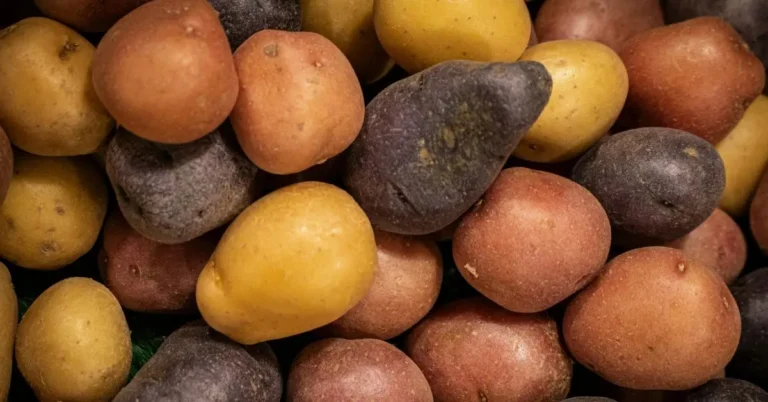 A variety of different types of potatoes stacked together.