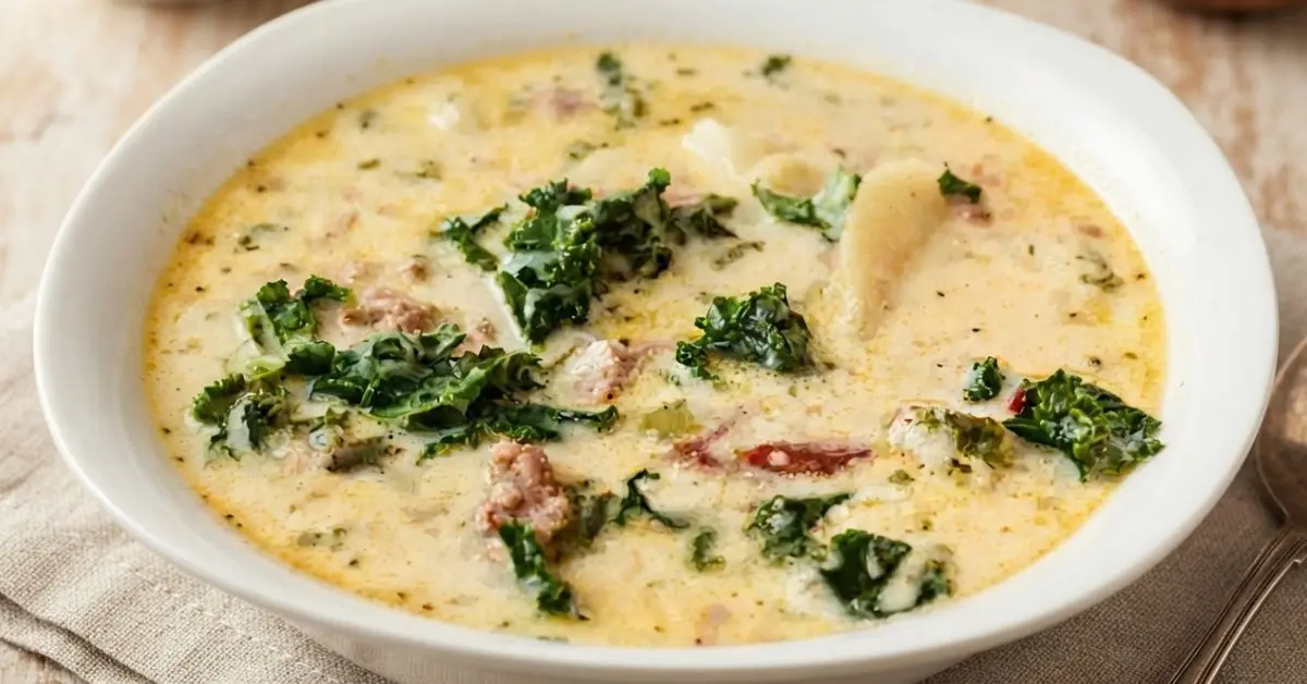 A bowl of Zuppa Toscana copycat soup in a white bowl, featuring kale and creamy broth.
