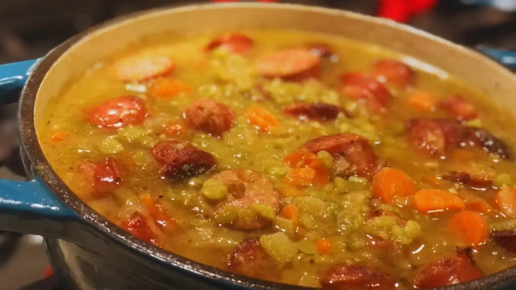 close up of pot of chunky split pea soup with smoked sausage on a stove