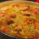 close up of pot of chunky split pea soup with smoked sausage on a stove