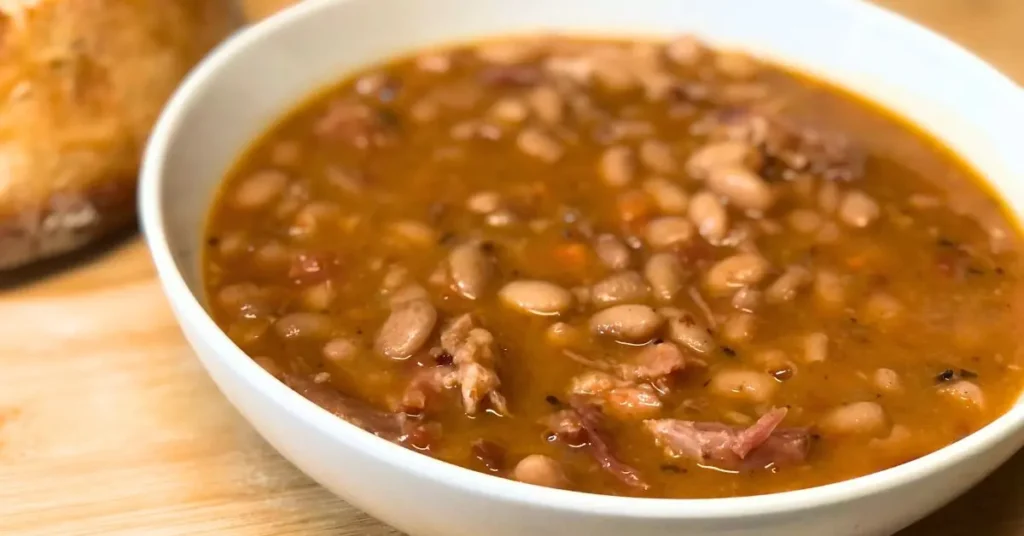 Italian bean stew made with dried beans, ham bone, and bacon served in a white bowl with rustic bread