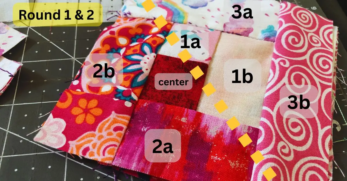 round one and two of a log cabin quilt block in reds and pinks