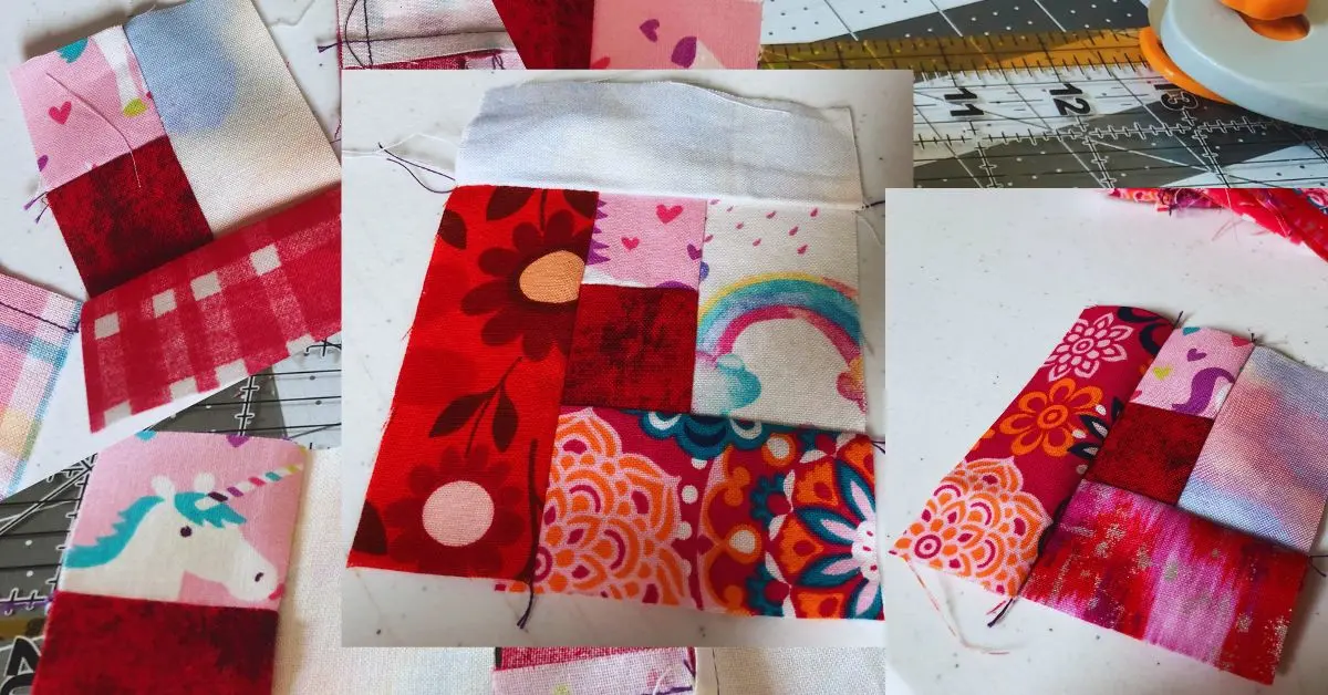 collage of the rounds of the red and pink log cabin quilt block