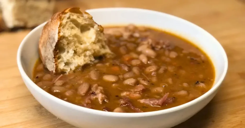 Hearty bean soup with ham in a white bowl topped with crusty bread, one of 5 easy soup recipes I make on repeat for family dinners.