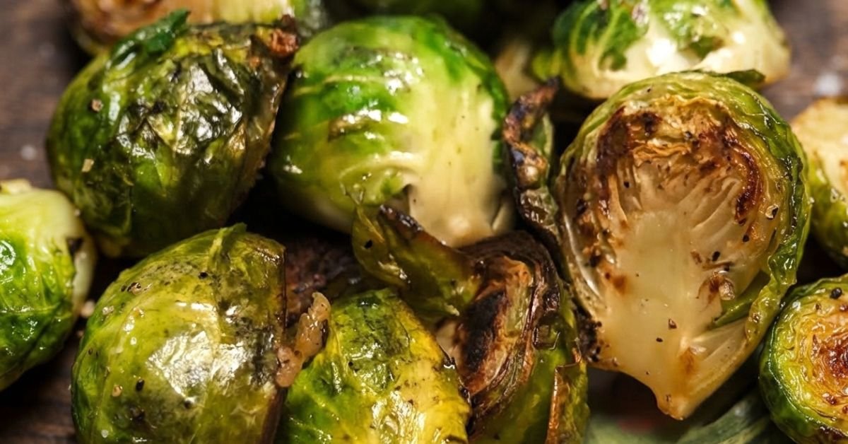 pan seared brussel sprouts on a dark wooden board