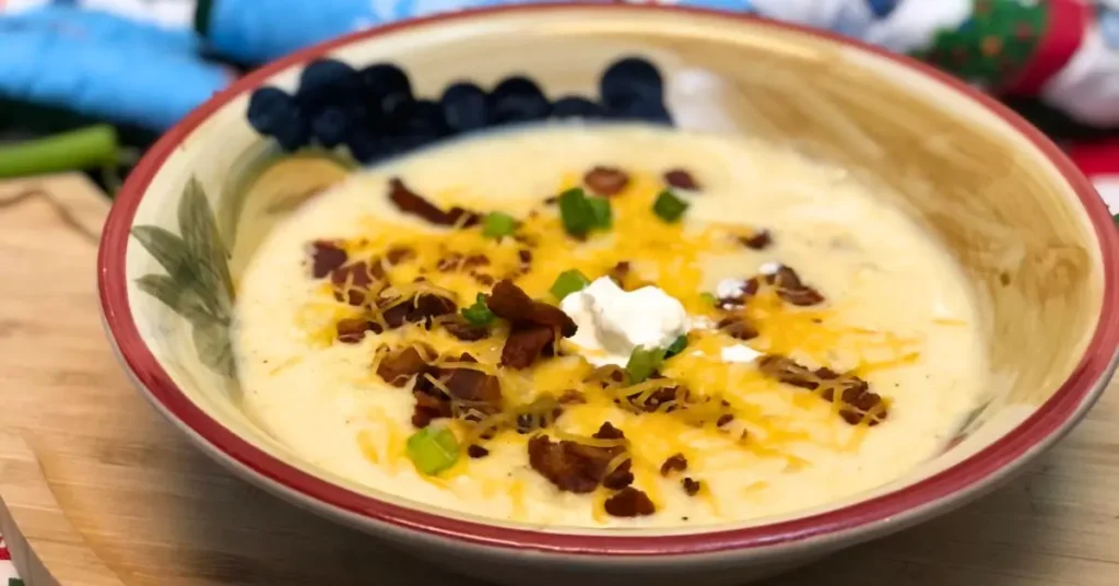 Bowl of simple creamy potato soup topped with cheddar cheese, sour cream, crispy bacon, and chopped green onions