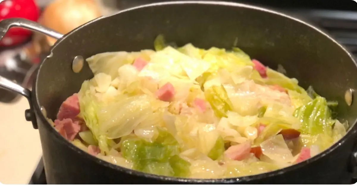 pot of cooked Southern cabbage with smoked meat