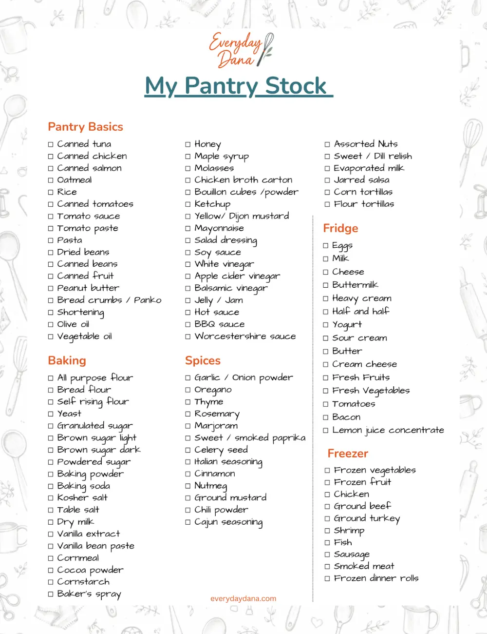 Printable pantry staples checklist image for stocking your kitchen with everyday cooking essentials
