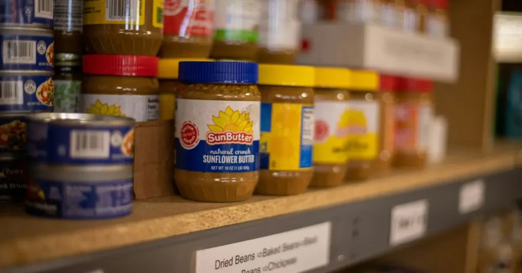 Pantry shelf neatly organized with labeled jars, canned goods, and dry ingredients for home cooking
