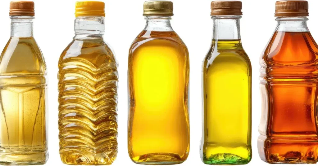 Assorted cooking oils in different colors on a white background for culinary use