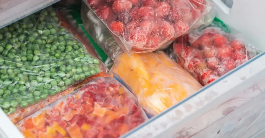 Frozen vegetables in storage bags stacked in the bottom freezer door
