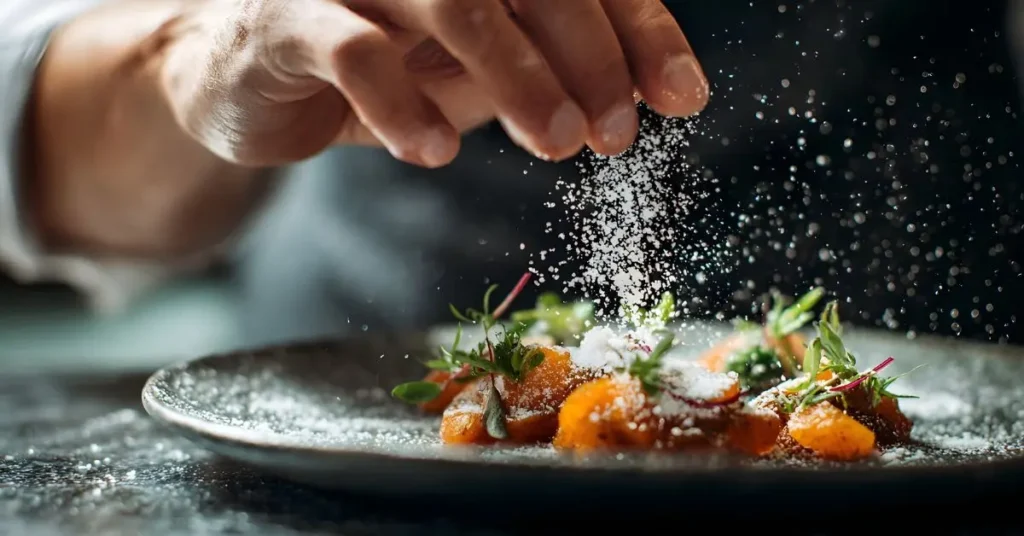 Hand sprinkling seasoning on a plate of colorful food, showing how to season without overdoing it