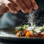 Hand sprinkling seasoning on a plate of colorful food, showing how to season without overdoing it