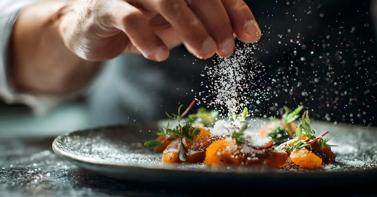 Hand sprinkling seasoning on a plate of colorful food, showing how to season without overdoing it