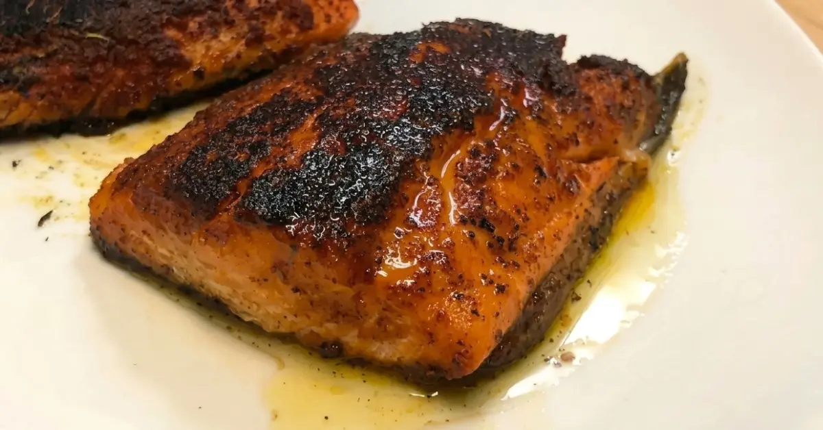 Blackened Steelhead Trout in lemon sauce crusty and shiny