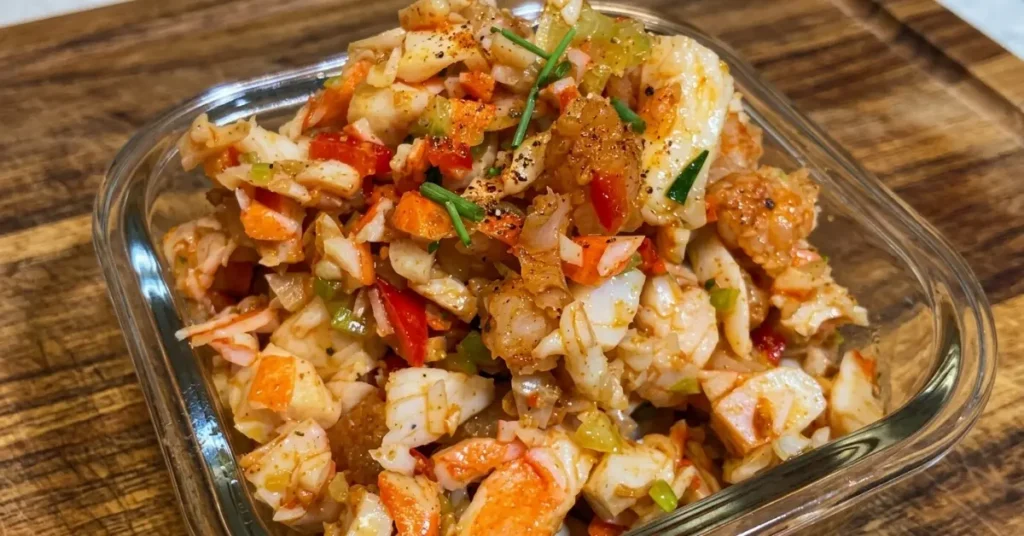 Cajun Seafood salad featuring shrimp and crab, without mayo, served in a glass bowl