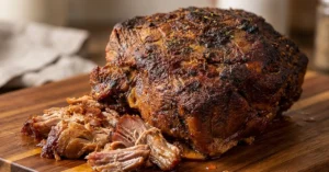 Juicy citrus garlic pork served on a wooden board, with shredded pieces beside a whole pork butt dripping with juices.