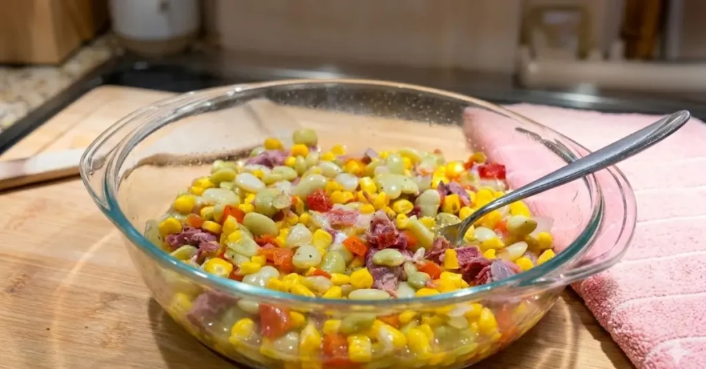 Country succotash with ham hock, lima beans, and corn served in a clear bowl with a fork