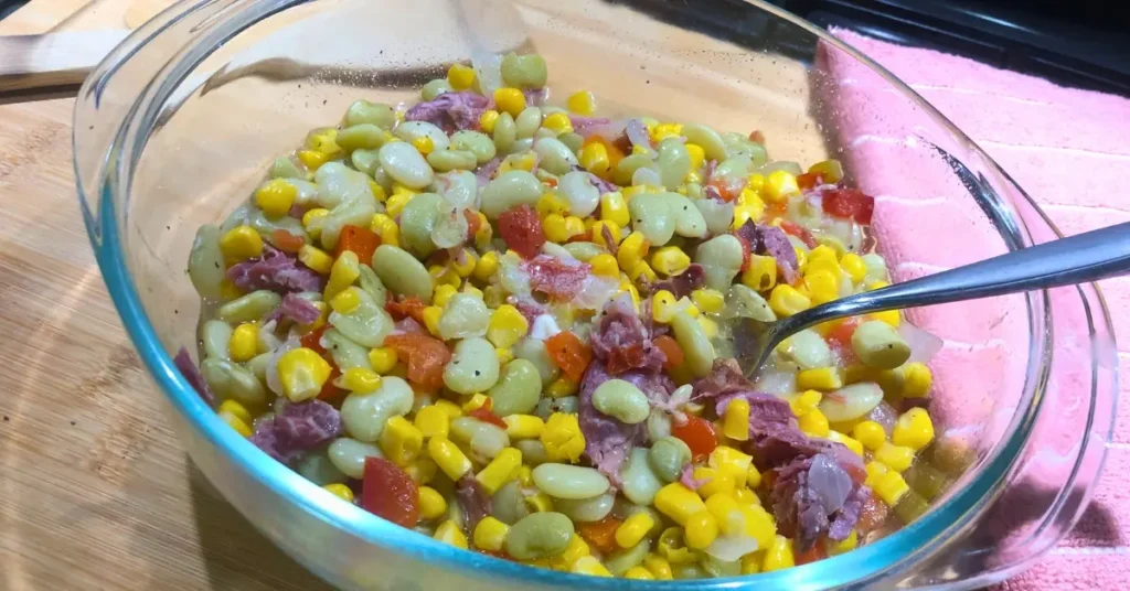 Country succotash with ham hock, lima beans, and corn served in a clear bowl with a fork