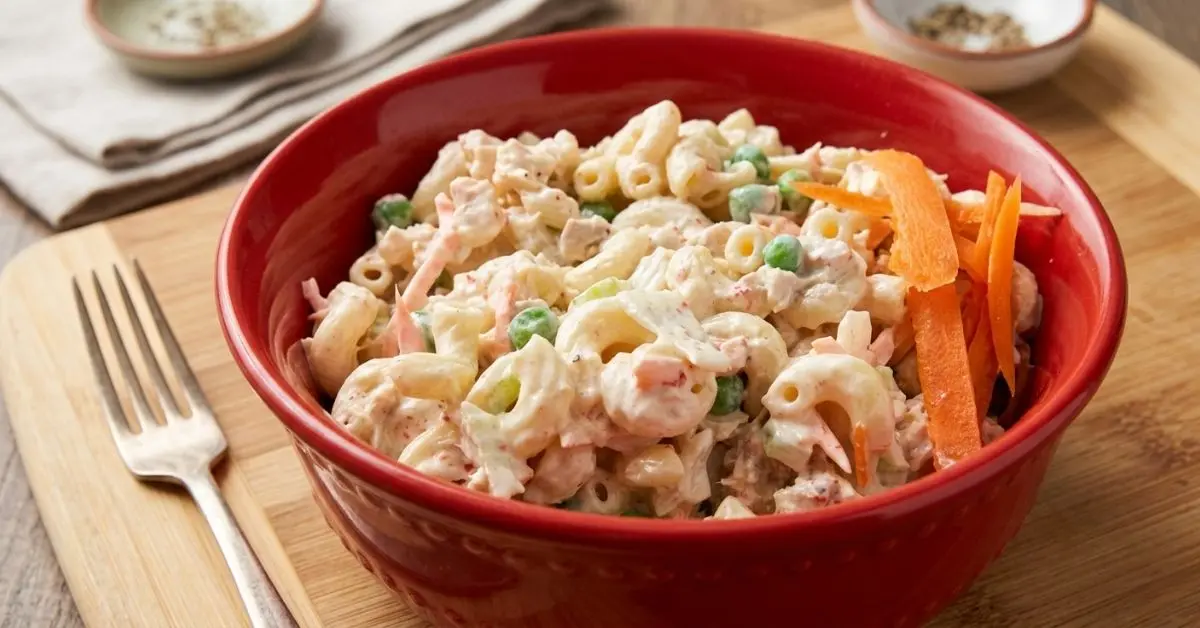 Quick Tuna Pasta Salad in Red Bowl with carrot garnish