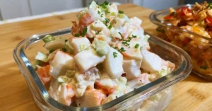 Fresh creamy shrimp and crab salad in a glass serving dish