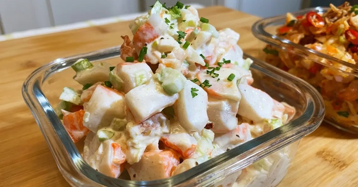 Creamy Shrimp and Crab Salad in a Clear bowl