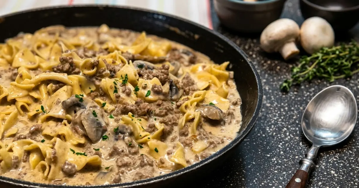 Creamy ground beef stroganoff with mushrooms in a cast iron skillet