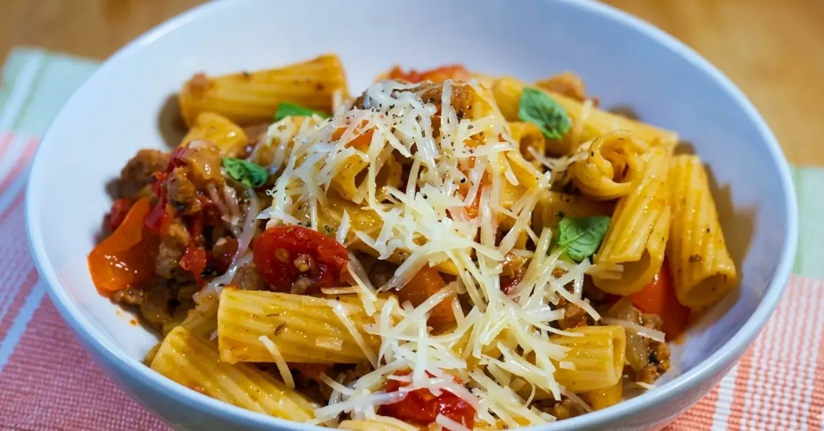 Italian Sausage Pasta Skillet in a white bowl topped with Cheese and basil