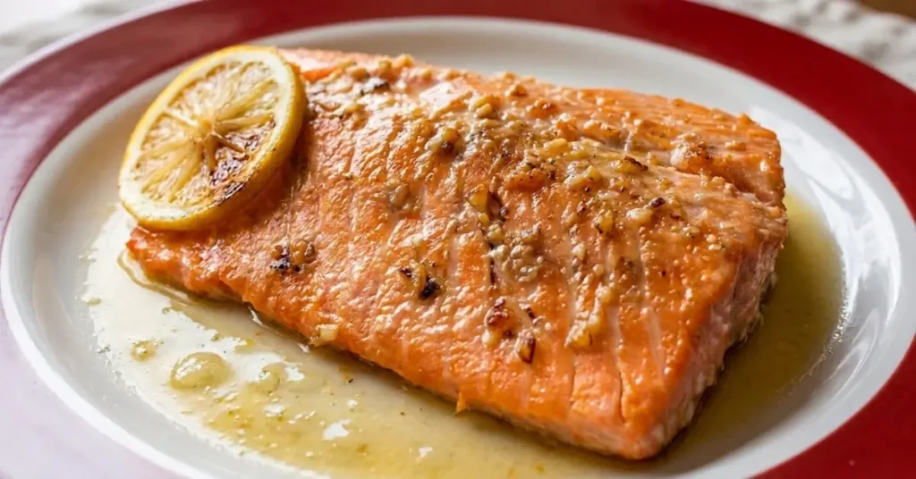 Lemon garlic butter steelhead trout fillet served on a red and white plate