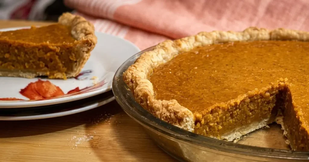 A warm, beautifully lit rustic kitchen scene featuring a whole sweet potato pumpkin pie with a golden, fluted crust in a clear glass pie dish. A single slice sits on a floral plate to the left on a wooden countertop. The background features an antique copper kettle and spice jars near a sunlit window.