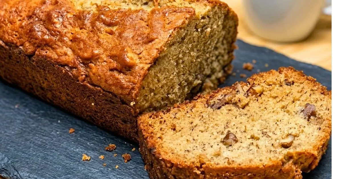 Loaf of banana nut bread with a slice laying in front on a slate plate
