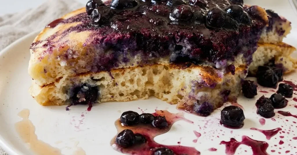 Two stacks of blueberry buttermilk pancakes sliced open to show the fluffy interior and topped with blueberry compote.