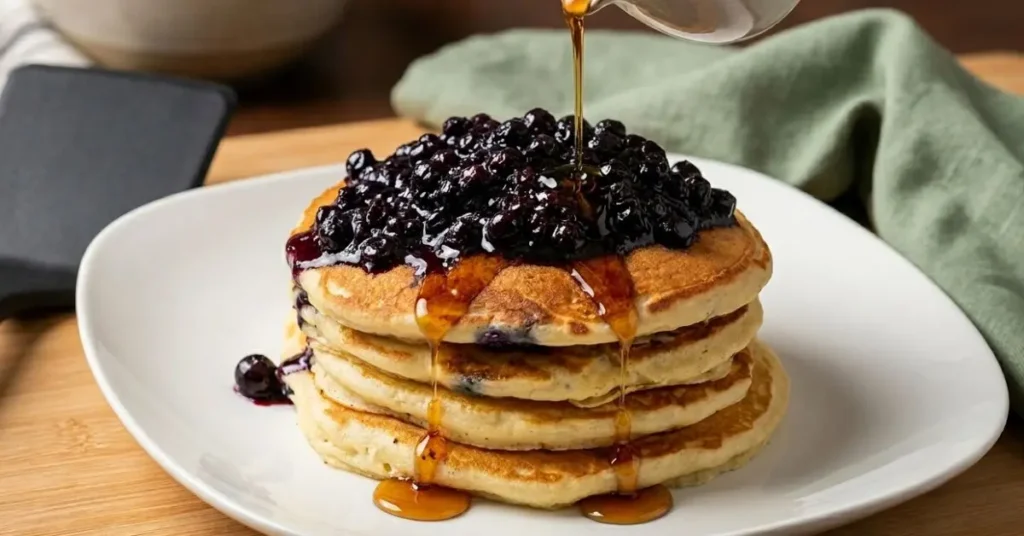 Stack of fluffy blueberry buttermilk pancakes topped with homemade blueberry compote and syrup pouring over the pancakes on a white plate.