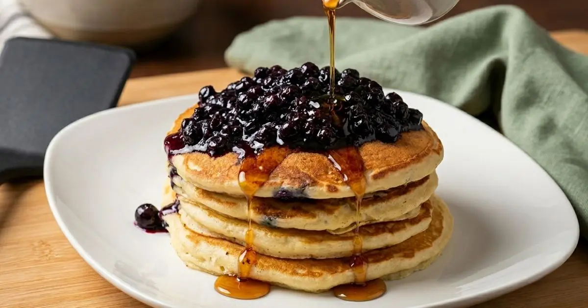 Fluffy Blueberry Buttermilk Pancakes with Homemade Blueberry Compote on a white plate with syrup being poured over it.