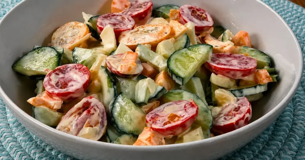 Creamy cucumber tomato salad tossed in a rich sour cream dressing and served in a white bowl.