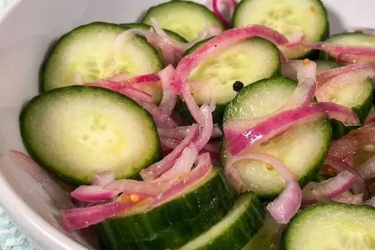 A macro, detailed view of crisp, green English cucumber slices tossed with vibrant pink pickled red onions and whole mustard seeds in a light vinegar dressing.