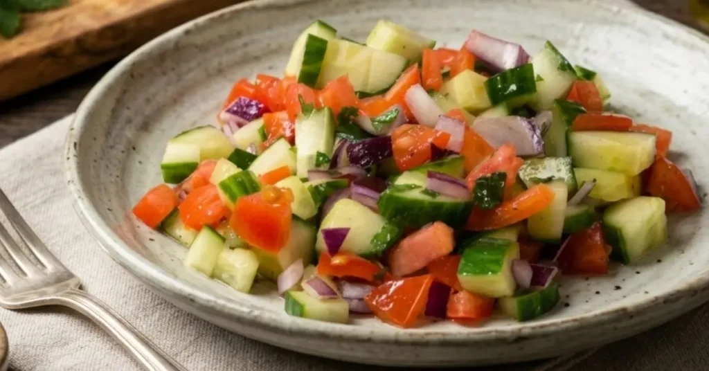 Close up.of a traditional Israeli salad served on a rustic stone plate over a gray napkin beside a fork.