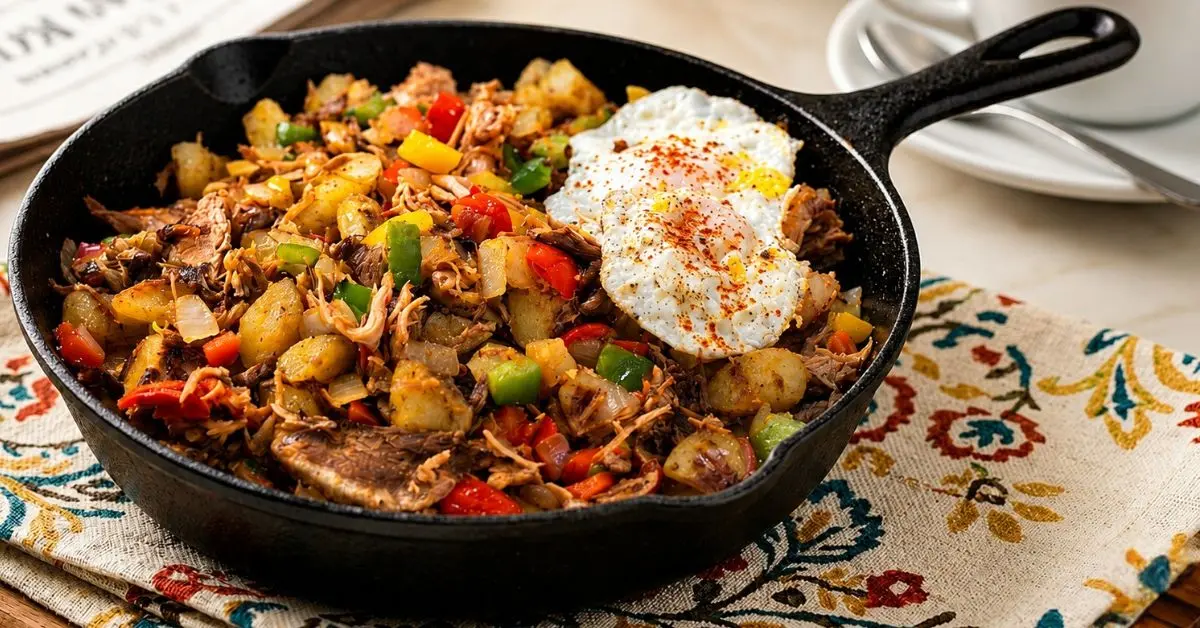 Breakfast Hash in large iron skillet with an fried egg on top placed on a table