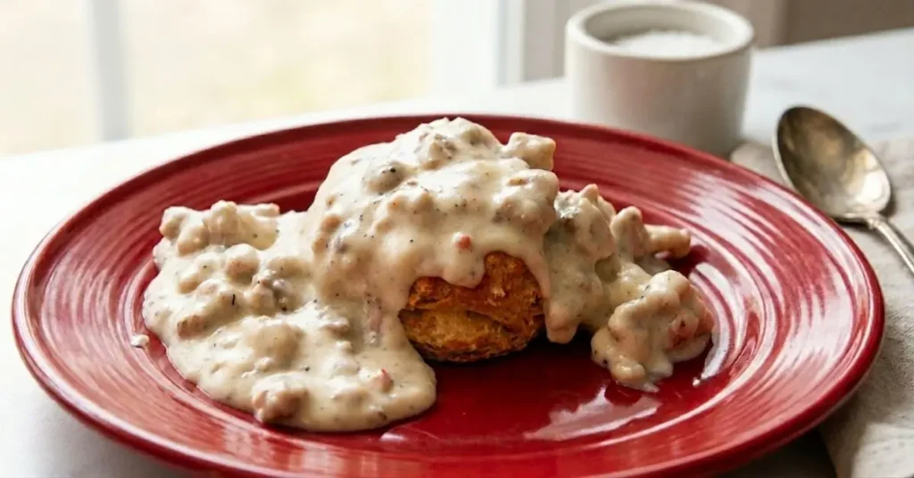 Fluffy biscuit covered with creamy sausage gravy on a red plate.