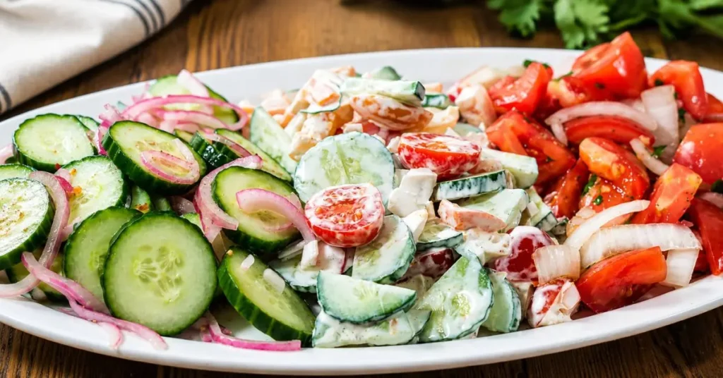 Oval platter with three simple summer salads including cucumber salad with pickled onions, fresh tomato and Vidalia onion salad, and creamy garden cucumber tomato salad