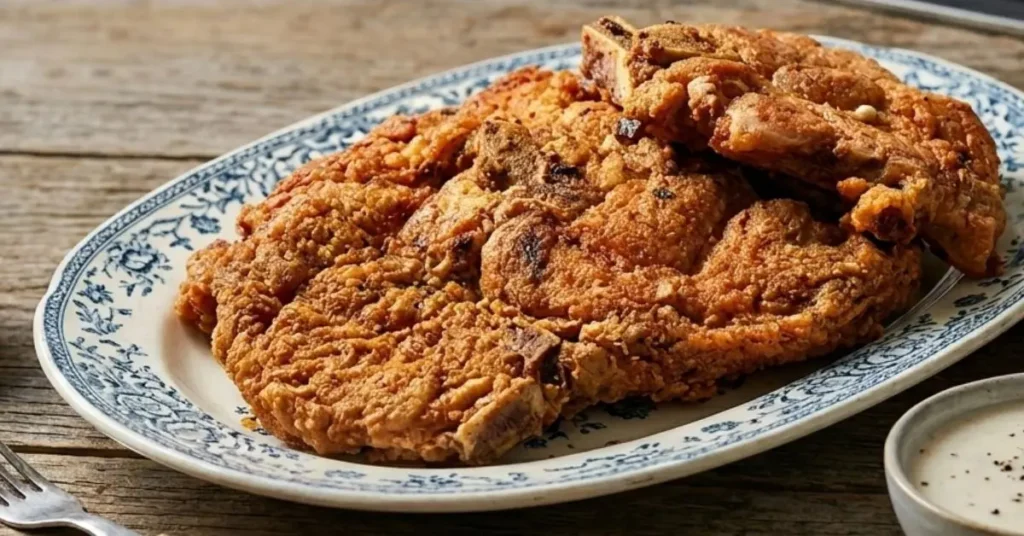 Golden brown Southern fried pork chops on a serving platter
