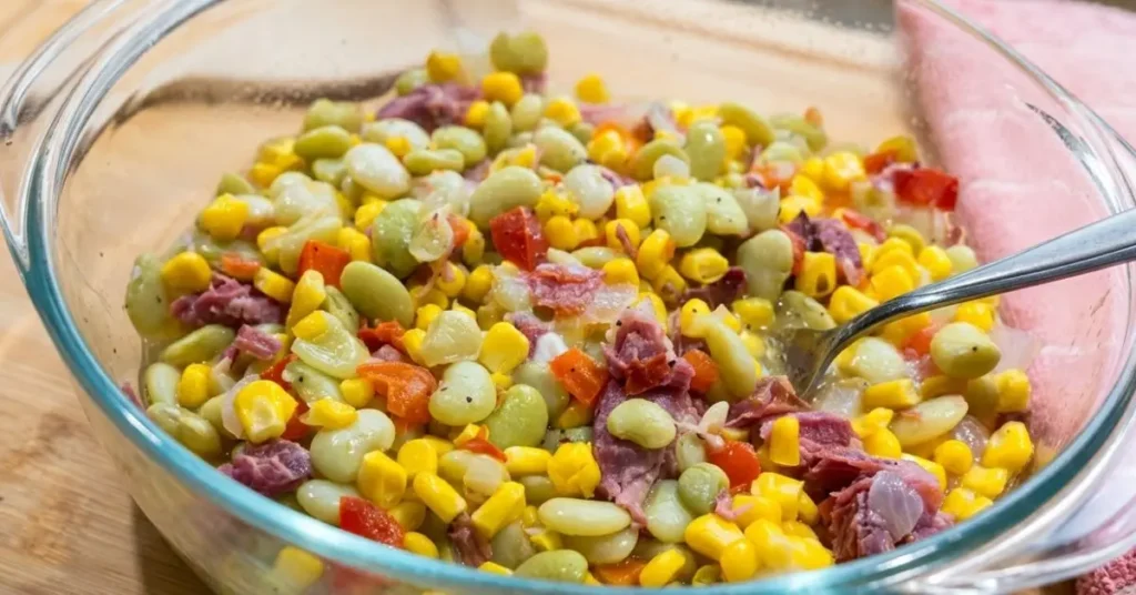 A glass bowl filled with traditional Southern-style succotash, featuring a colorful mix of lima beans, sweet corn, red peppers, and savory smoked meat, set on a natural wooden surface.