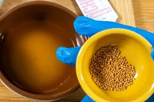 A small yellow pinch bowl filled with whole mustard seeds held over a small brown bowl of clear vinegar brine.