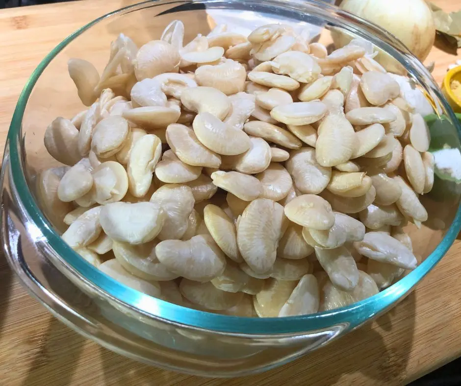 Soaked and drained dried butter beans ready for cooking
