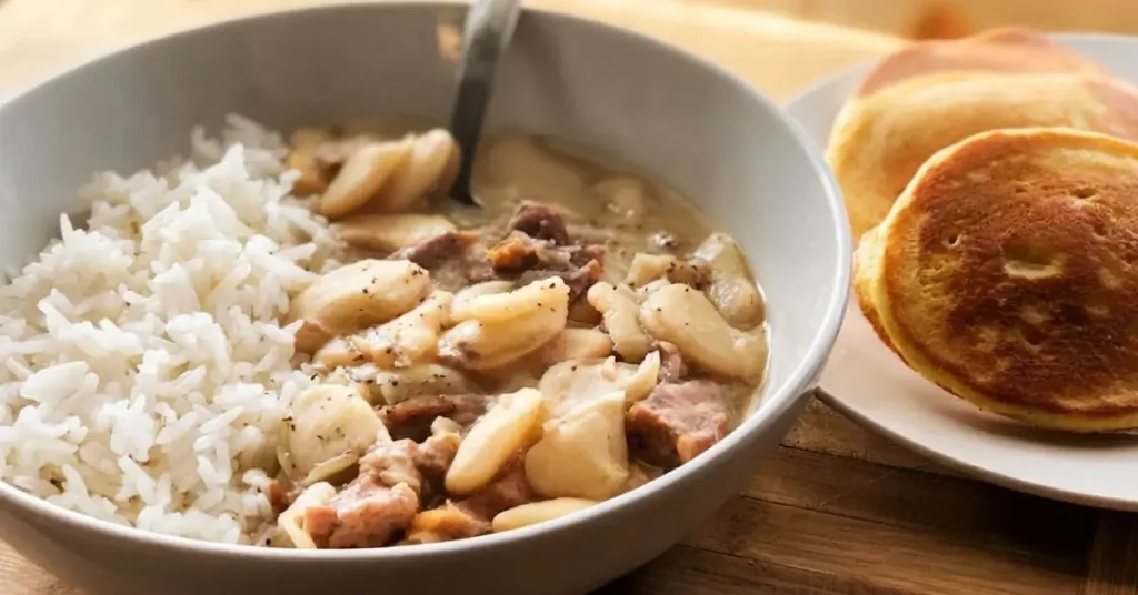Southern butter beans and neck bones served with white rice and cornbread