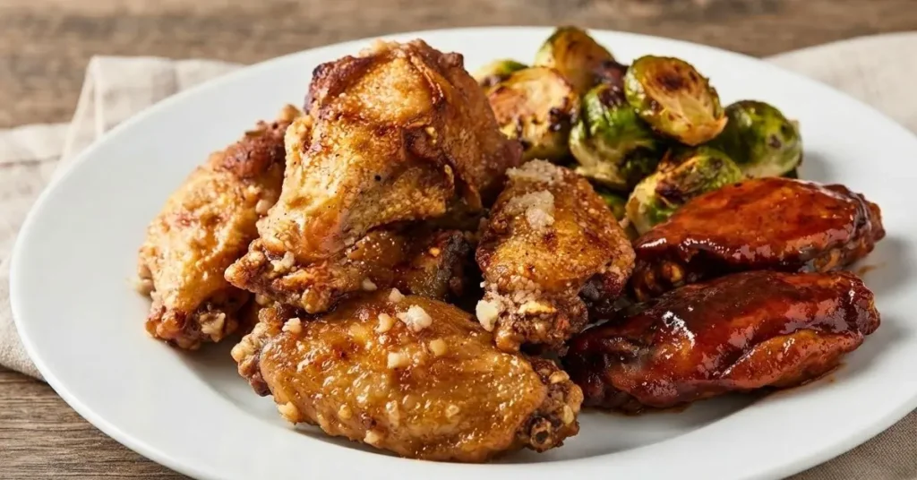 Garlic Parmesan chicken wings and BBQ wings served with pan-fried Brussels sprouts