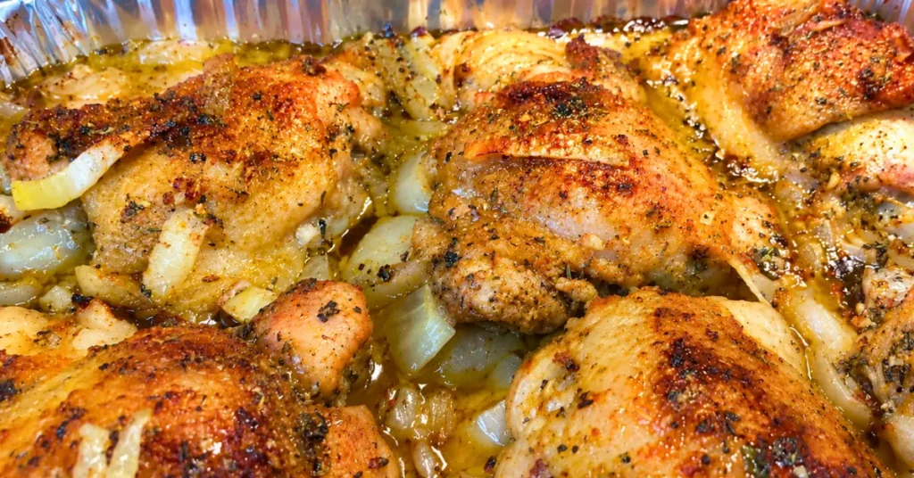Golden baked chicken thighs in a pan with onions and broth.